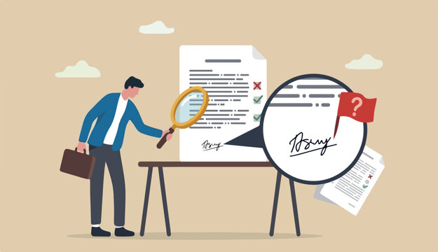 Fake document, wrong information verification fake news inspection, fraud illegal reports concept, smart businessman inspector magnifying to glass verify fake document