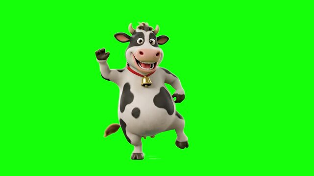 An adorable 3D animated dairy cow mascot with black and white spots, a gold cowbell collar, and a joyful smile dancing and waving on a bright green screen background. Ideal for milk product branding, 