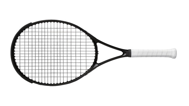 Isolated black tennis racket with a clean white grip ready for serious play and competition