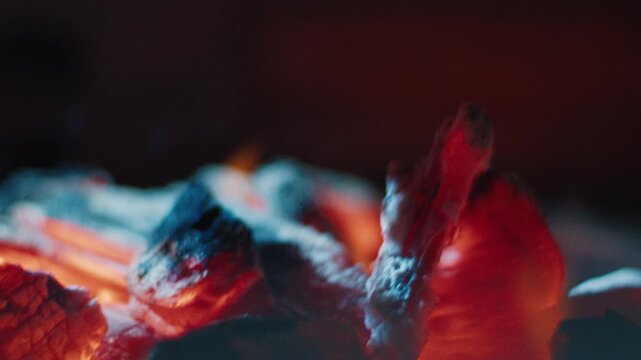 Sausages on the BBQ grilled on the natural coal fire at night. Close up view with shallow DOF