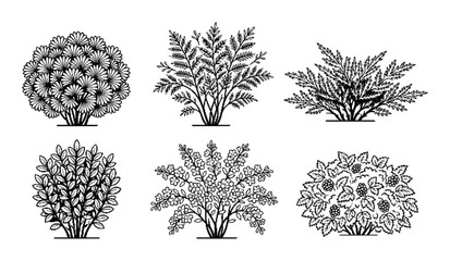 Vintage hand drawn bush and shrub vector set with linocut texture black and white retro halftone garden plant bushes illustration collection © SUMON