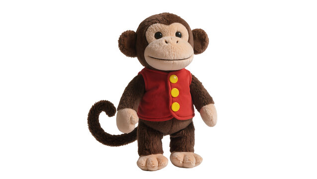 Isolated friendly brown monkey plush toy wearing a red vest with yellow buttons, standing.