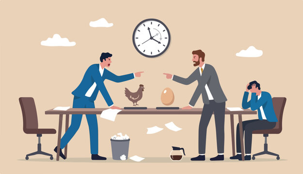 Business argument, conflict or disagreement, wasted meeting time arguing with no result, controversy question concept, businessman colleagues arguing fight about chicken vs egg who come first