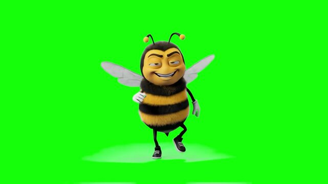 A hilarious 3D stylized honey bee mascot with black and yellow stripes, tiny wings, and a smug, goofy grin showing off its dance moves on a bright green screen backdrop. Excellent graphic asset for ho