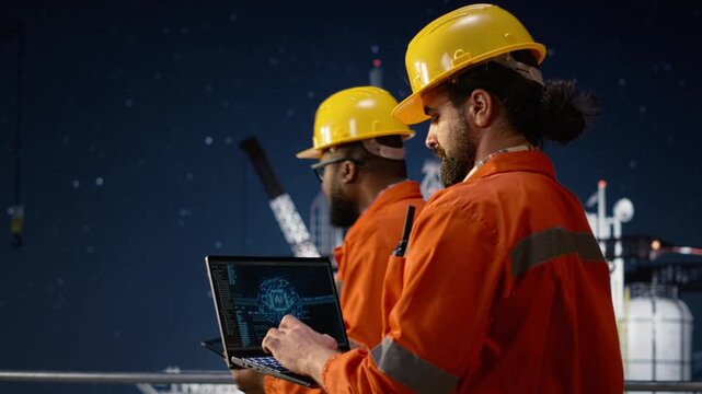 Monitoring operations with AI, oil crisis and offshore platform engineering team using laptop while using deep learning anomaly detection systems, conflict and teamworking colleagues.