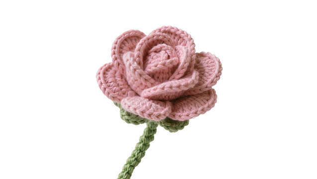 Isolated handmade pink crochet rose with a green stem, a beautiful textile craft flower