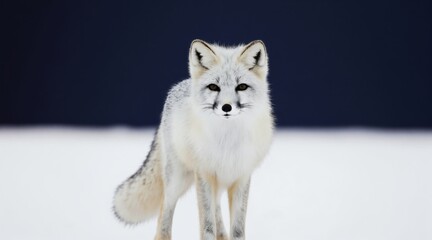 Naklejka premium White arctic fox stands alert in snow covered field. Its thick fur coat blends with winter landscape. Dark blurry background contrasts with animal pure white fur. Focus is on its watchful expression.