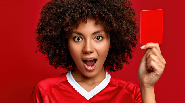 Confident female football official holding red card with strong expression highlighting match rules discipline and referee authority