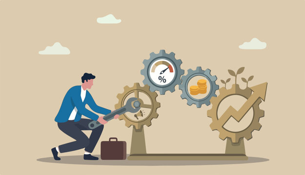 Optimization to improve result, adjust marketing factor gain more profit, efficiency or growth, fix process for best result concept, businessman using wrench optimize process better performance
