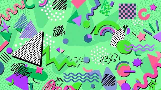 A vibrant 90s style Memphis abstract pattern background in refreshing mint green tones, featuring geometric shapes, rainbows, and scribbles shifting positions in a playful stop motion loop. Ideal for 