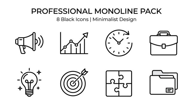 A vector graphic illustration of various business icons including a megaphone, graph, clock, briefcase, light bulb, target, puzzle, and folder on a simple background