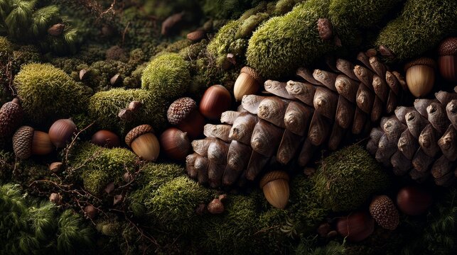 Close-up of natural pine cone and acorn lying on green moss forest floor
