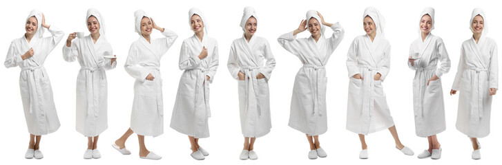 Beautiful woman wearing bathrobe. Collection of portraits on white background