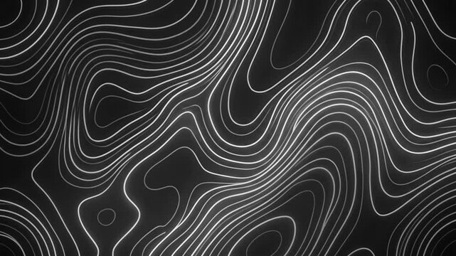A minimalist monochromatic medical or geological background featuring glowing white topographic elevation lines bouncing and altering positions in a fast-paced stop-motion collage style. Great for abs
