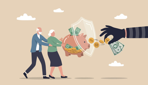 Protect retirement pension money fraud, Ponzi into scheme cost tax that impact retiree investment fund concept, senior grandparent couple pull back their piggy bank too money thief hand