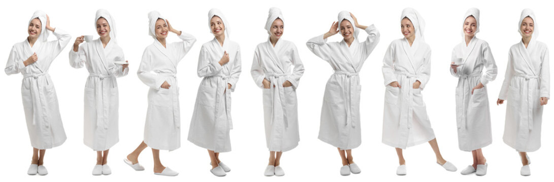Beautiful woman wearing bathrobe. Collection of portraits on white background