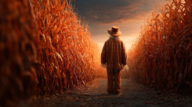 Child in hat and brown clothing walking through golden autumn cornfield at sunset
