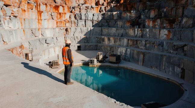 Worker in safety vest and helmet stands near blue water pool in a vast stone quarry. Large rock walls with orange streaks show layers of excavation. Industrial machines rest on the quarry floor.