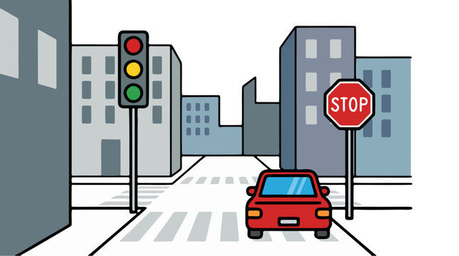 Red car at a city intersection with traffic lights and stop sign