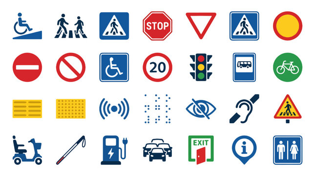 Collection of international traffic and safety signs for accessibility and road rules