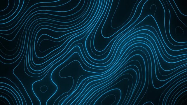 Glowing neon blue lines move in fluid, organic wavy patterns across a dark digital space. This abstract motion graphics background is designed for technology presentations, sci-fi atmospheres, and ele