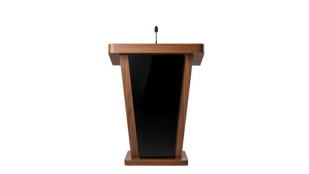 Isolated modern wooden podium with microphone for speeches and presentations at conferences