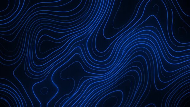 Glowing neon blue wavy lines slowly morph and flow across a dark textured background mimicking a digital topographic map. This seamless loop motion graphics asset is ideal for high-tech presentation b