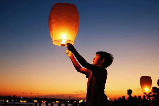 Boy launches paper lantern at sunset near water. Other people watch, holding glowing lamps. Crowd gathers for sky lantern festival celebration at dusk.