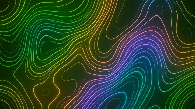 A vibrant gradient background showcasing glowing neon green, blue, and purple topographic wave lines changing shapes frame by frame with a jumpy stop-motion effect. Excellent for creative youth brandi
