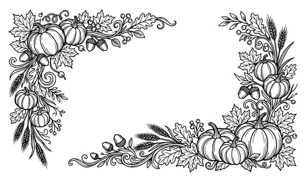 Seasonal autumn line art frame with pumpkins maple leaves and harvest foliage for invitation design vector illustration