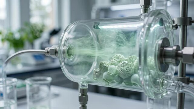 Atmospheric green chemistry laboratory glass reactor chamber with vapor swirling around porous catalyst pellets and spheres creating serene moody