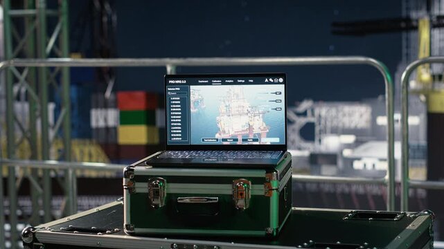 Laptop interface showing fuel metrics on drilling rig during oil crisis while a notebook under northern lights detects oil resources during energy conflict, offshore energy industry context.
