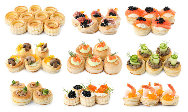 Different tasty puff pastry snacks isolated on white, set