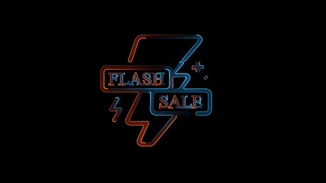 Futuristic Blue and Purple Magenta Glitch Effect Flash Sale Neon Icon Animation Loop on Black Background for Modern Online Store Advertisements.