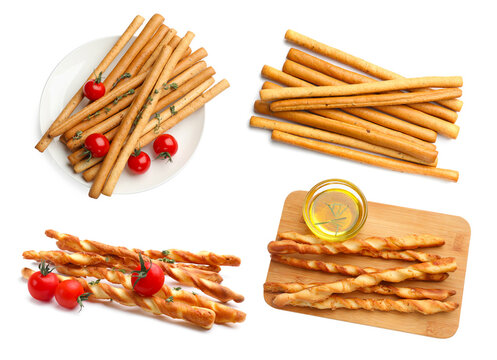 Delicious grissini. Bread sticks isolated on white, set