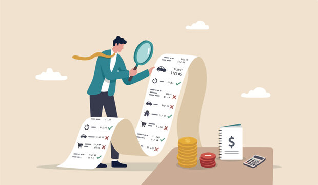 Paying bills, cost and expense analysis for business personal finance concept, smart businessman using magnifying glass to analyze budget, income tax or expense long invoice receipt paper