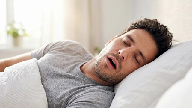 Man snoring in bed with mouth open during sleep. Restless night due to allergy or asthma symptoms concept. Bedroom scene illustrating world asthma day awareness and respiratory health issues