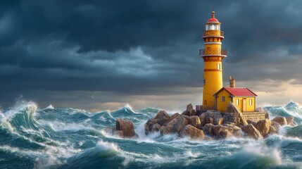 Obraz premium Yellow lighthouse on rocky coast with stormy sea and dark sky