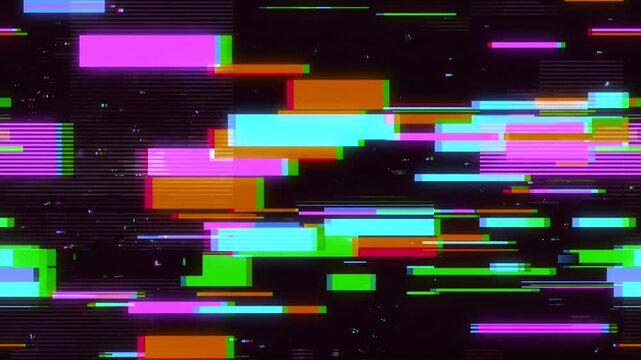 Vibrant horizontal bars of neon pink, green, cyan, and orange distort and flicker across a dark digital screen. This fast-paced, loopable motion graphics background is ideal for music videos, cyberpun
