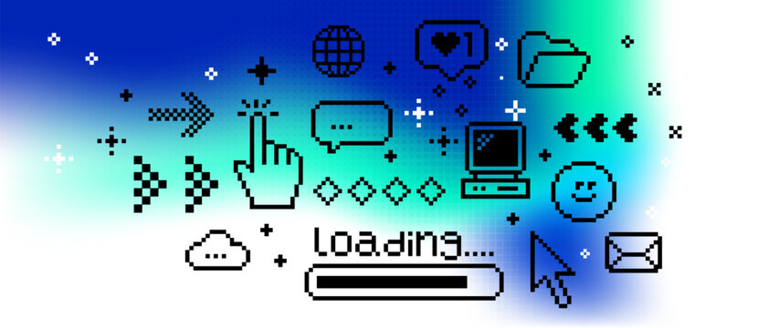 Y2K internet tech background with retro 8-bit pixel UI elements, loading bar, cursor, notifications, messages, webcore symbols. Trendy digital backdrop for websites, apps, banners, social media design
