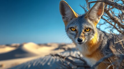 Naklejka premium Desert Fox Partially Hidden Behind Dry Shrubs in a Desert Landscape