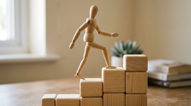 A wooden mannequin climbing up a stack of wooden blocks on a table