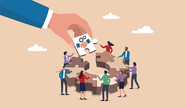 Build your team, leadership to develop teamwork or business partner, cooperate or collaborate success, assist or help, giant businessman hand connect last jigsaw puzzle to office business team
