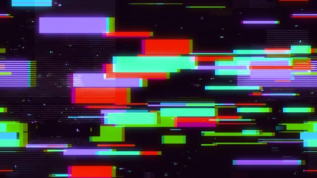 A dark, futuristic motion background featuring bright red, purple, and cyan digital data blocks distorting and flashing frame by frame in a jittery stop-motion glitch loop. Ideal for gaming streams, c