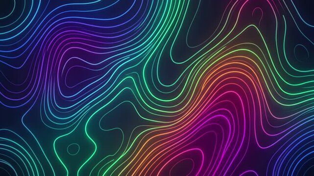 A vibrant gradient background showcasing glowing neon green, blue, and purple topographic wave lines changing shapes frame by frame with a jumpy stop-motion effect. Excellent for creative youth brandi