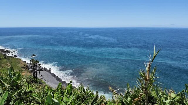 Static shot of Madeira island tropical ocean coast, Praia dos Anjos