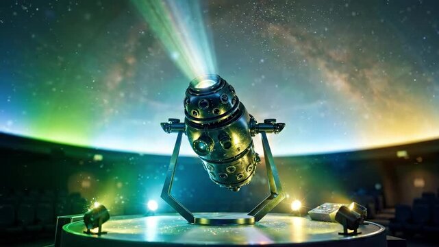 Planetarium projector beaming starry galaxy projection in dome theater. Astronomy education and space visualization. International planetarium day concept for science outreach and cosmic discovery