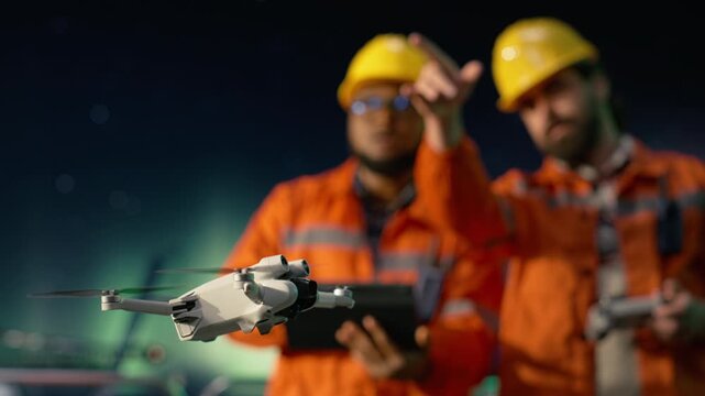 Close up of drone used by men on offshore platform dodging transit blockade for site inspection with offshore platform context.