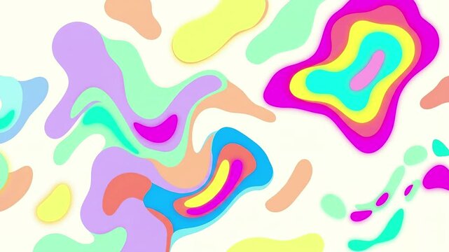A colorful psychedelic abstract background featuring fluid organic shapes in pastel yellow, purple, and vibrant magenta distorting and shifting positions in a jittery stop-motion loop. Ideal for trend