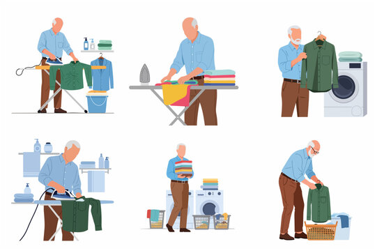 Senior man doing various laundry chores like ironing and folding clothes, flat illustration set